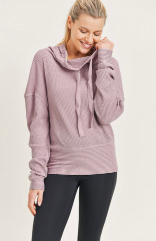 Waffle Cowl-Neck Pullover - Dusty Pink